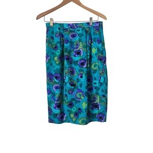 Vintage 100% Silk Floral Watercolor Knee Length Skirt Teal Size 6